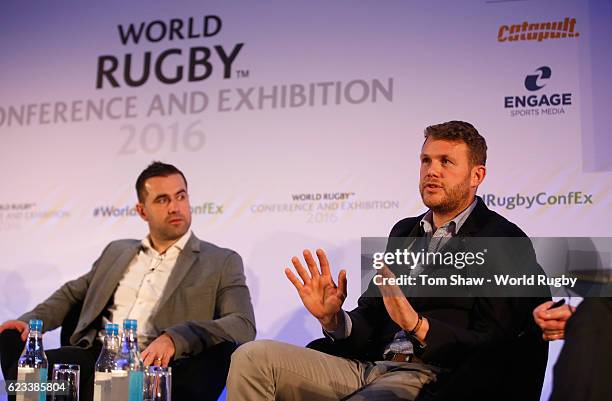 Global Head of League and Data Partnerships for Catapult Karl Hogan talks during the World Rugby via Getty Images Conference and Exhibition 2016 on...