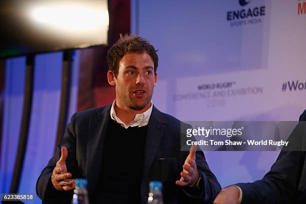 Rob Vickerman, Ex-England Sevens Captain and MD of Work Athlete talks during the World Rugby via Getty Images Conference and Exhibition 2016 on...