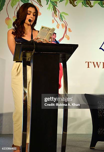 Alia Bhatt reading an excerpt from Twinkle Khanna's second book, The Legend of Lakshmi Prasad, published by Juggernaut Books at the JW Marriott on...