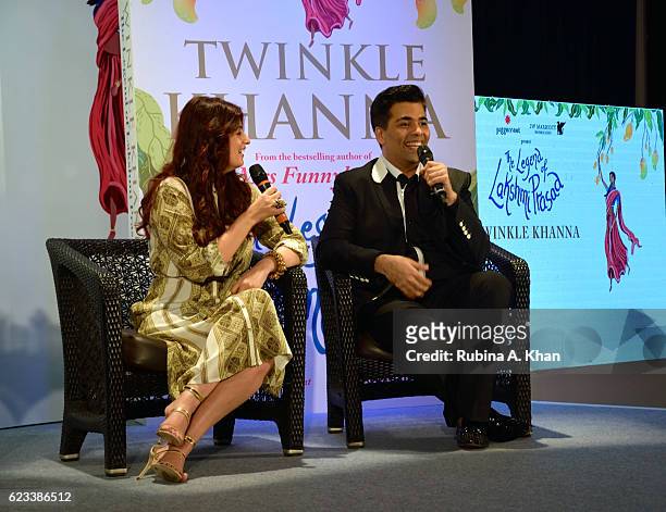 Twinkle Khanna in conversation with Karan Johar at the launch of her second book, The Legend of Lakshmi Prasad, published by Juggernaut Books, at the...