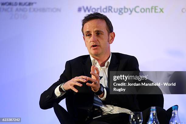 Matt Rogan, Chairman of Two Circles talks during Day 2 of the World Rugby via Getty Images Conference and Exhibition 2016 at the Hilton London...