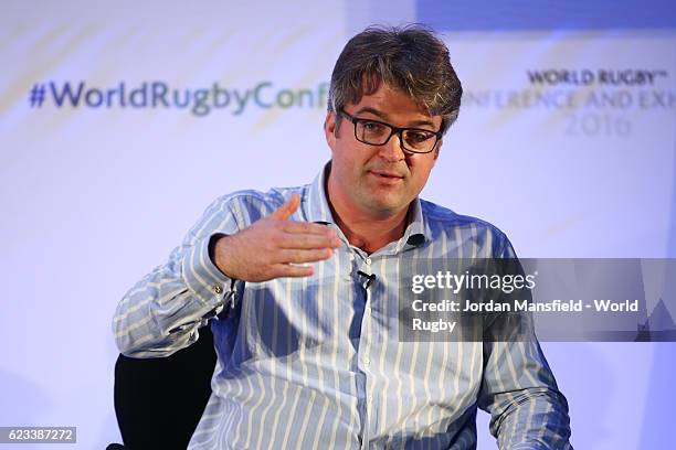 Aiden Cooney, Chief Executive of InCrowd Sports talks during Day 2 of the World Rugby via Getty Images Conference and Exhibition 2016 at the Hilton...