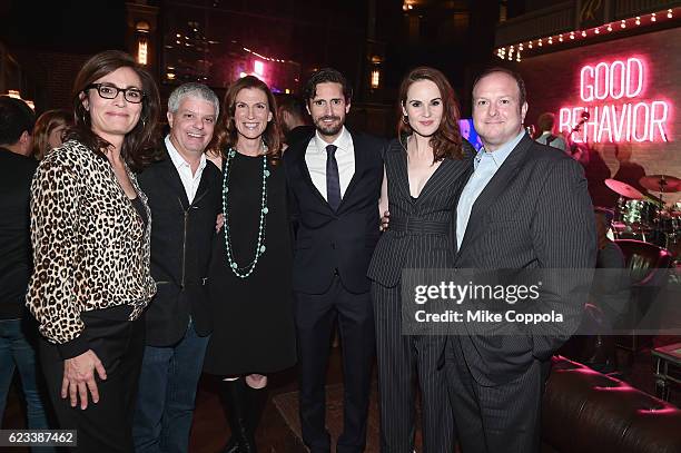 Sarah Aubrey, David Levy, Sandra Dewey, Juan Diego Botto, Michelle Dockery and Sam Linsky attend the "Good Behavior" NYC Premiere at Roxy Hotel on...