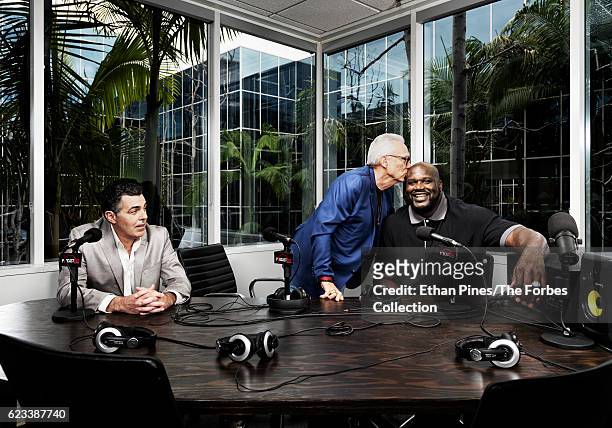 Comedian Adam Carolla, founder/chairman of Courtside Entertainment Group, Norm Pattiz and basketball player Shaquille ONeal are photographed for...