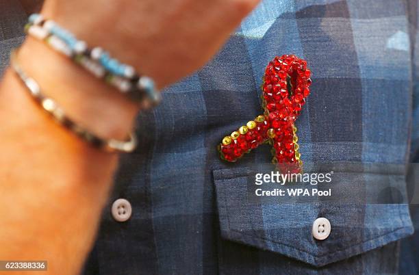 Prince Harry receives a specially made red brooch from a member of the "Joyful Noise" choir, a creation of NAZ, a sexual health charity for minority...