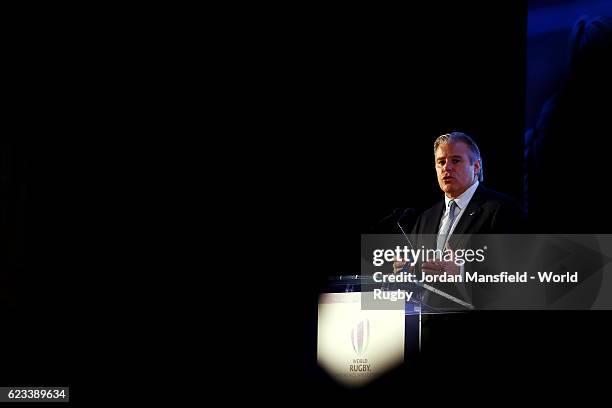 Brett Gosper, Chief Executive of World Rugby via Getty Images talks during Day 2 of the World Rugby via Getty Images Conference and Exhibition 2016...