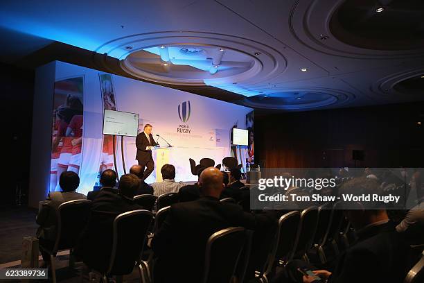 Brett Gosper the Chief Executive of World Rugby via Getty Images gives the closing address during the World Rugby via Getty Images Conference and...