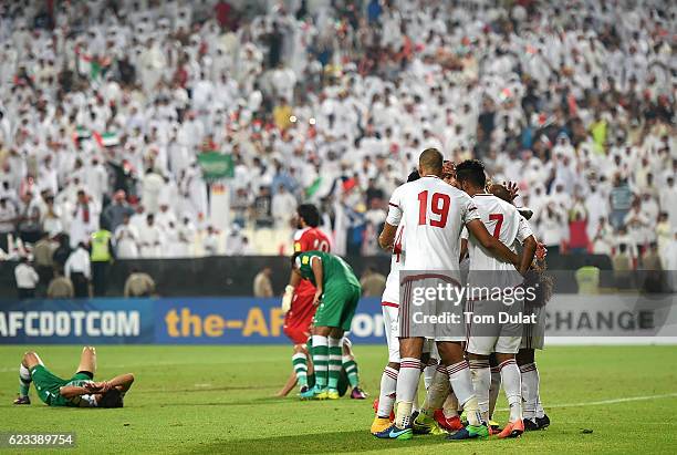 Ismail Matar of UAE celebrates with the team scoring his sides second goal during the 2018 FIFA World Cup Qualifier match between UAE and Iraq at...
