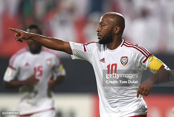 Ismail Matar of UAE celebrates scoring his sides second goal during the 2018 FIFA World Cup Qualifier match between UAE and Iraq at Mohamed Bin Zayed...