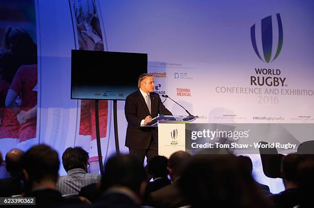 Brett Gosper the Chief Executive of World Rugby via Getty Images gives the closing address during the World Rugby via Getty Images Conference and...