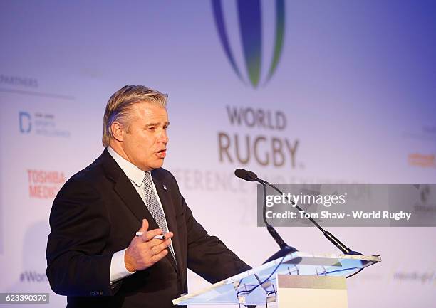 Brett Gosper the Chief Executive of World Rugby via Getty Images gives the closing address during the World Rugby via Getty Images Conference and...