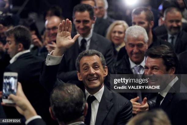 Former French president and candidate for the right-wing Les Republicains party primary ahead of the 2017 presidential election, Nicolas Sarkozy,...