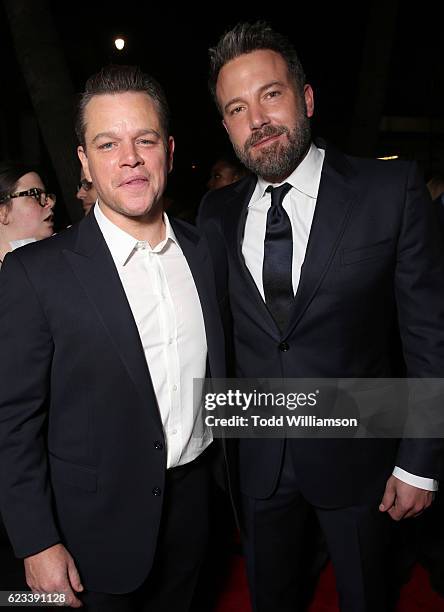 Producer Matt Damon, Ben Affleck gets a brotherlly grab by Casey Affleck at the "Manchester By The Sea" Los Angeles Premiere at AMPAS Samuel Goldwyn...