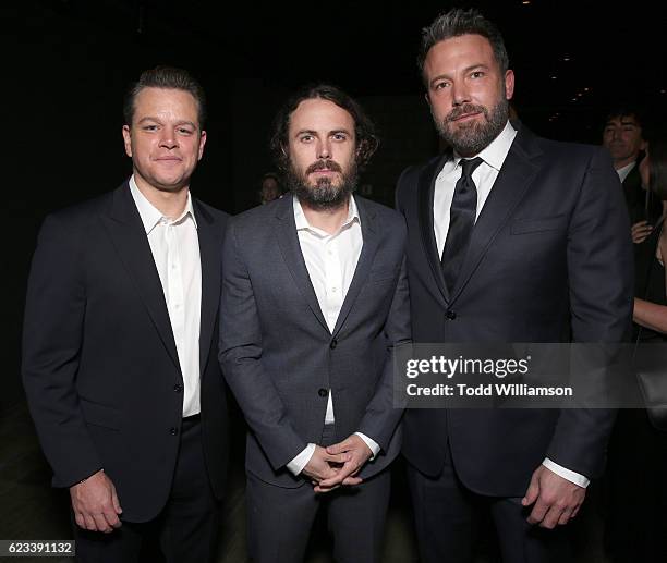 Producer Matt Damon, Ben Affleck gets a brotherlly grab by Casey Affleck at the "Manchester By The Sea" Los Angeles Premiere at AMPAS Samuel Goldwyn...