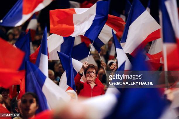 People wave French flags during a public meeting for one of the candidates for the right-wing Les Republicains party primary ahead of the 2017...