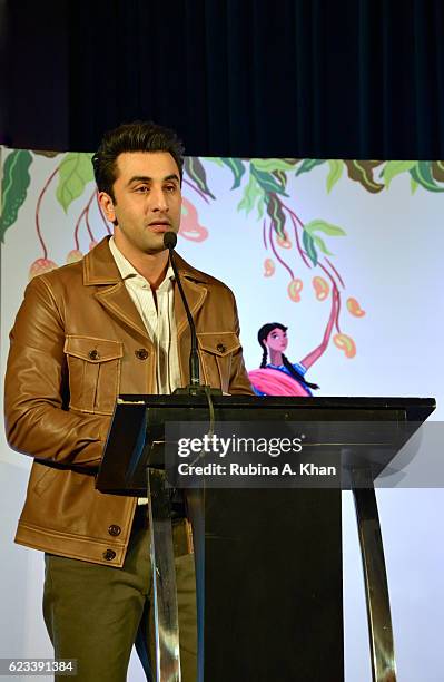 Ranbir Kapoor reading an excerpt from Twinkle Khanna's second book, The Legend of Lakshmi Prasad, published by Juggernaut Books, at the JW Marriott...