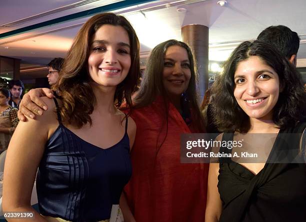 Alia Bhatt, Shabana Azmi and Chiki Sarkar at the launch of Twinkle Khanna's second book, The Legend of Lakshmi Prasad, published by Juggernaut Books,...
