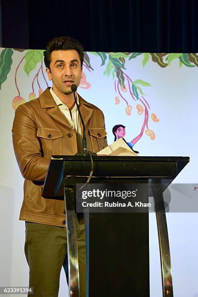 Ranbir Kapoor reading an excerpt from Twinkle Khanna's second book, The Legend of Lakshmi Prasad, published by Juggernaut Books, at the JW Marriott...