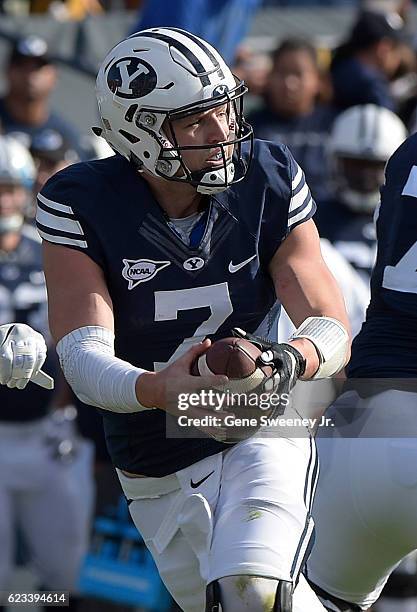 Quarterback Taysom Hill of the Brigham Young Cougars drops back from the line of scrimmage during their game against the Southern Utah Thunderbirds...