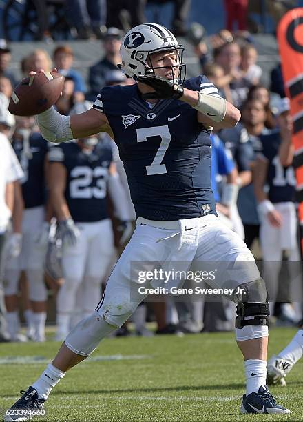 Quarterback Taysom Hill of the Brigham Young Cougars looks to pass the ball during their game against the Southern Utah Thunderbirds at LaVell...