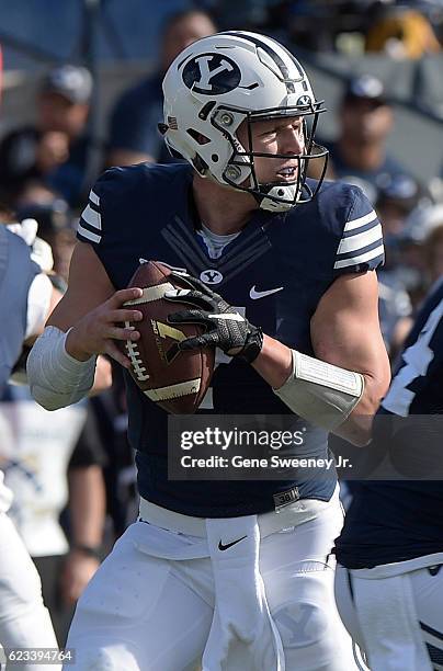 Quarterback Taysom Hill of the Brigham Young Cougars looks to pass the ball during their game against the Southern Utah Thunderbirds at LaVell...