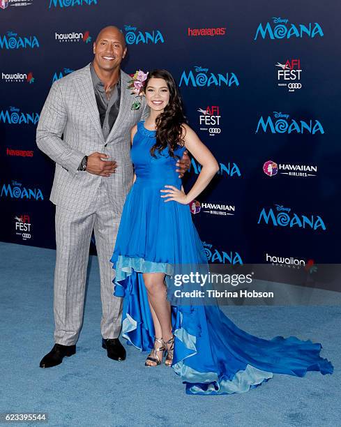 Dwayne Johnson and Auli'i Cravalho attend the premiere of Disney's 'Moana' at AFI FEST 2016 at the El Capitan Theatre on November 14, 2016 in...