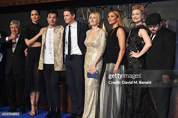 Rick Senat, Katherine Waterston, Ezra Miller, Eddie Redmayne, J.K. Rowling, Carmen Ejogo, Alison Sudol and Dan Fogler attend the European Premiere of...