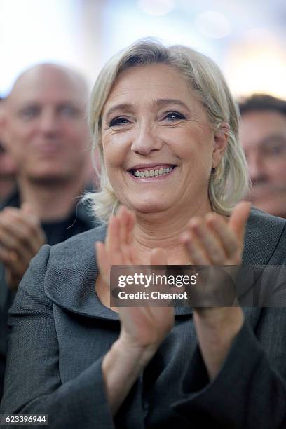 President of French far-right Front National party Marine Le Pen attends a meeting on the theme "Suburbs: for the return of the Republic" on November...