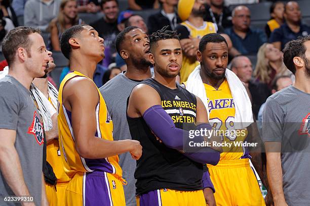 Jordan Clarkson, D'Angelo Russell and Tarik Black of the Los Angeles Lakers look on during the game against the Sacramento Kings on November 10, 2016...