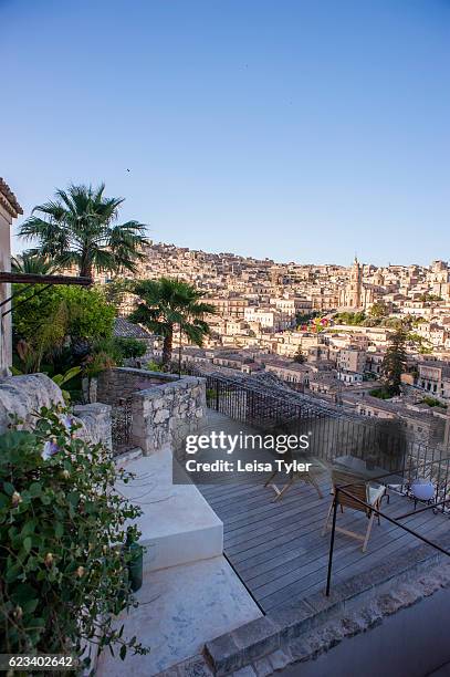 View over the medieval town of Modica, a Baroque UNESCO World Heritage listed town in Sicily, from Casa Talia, a boutique hotel.