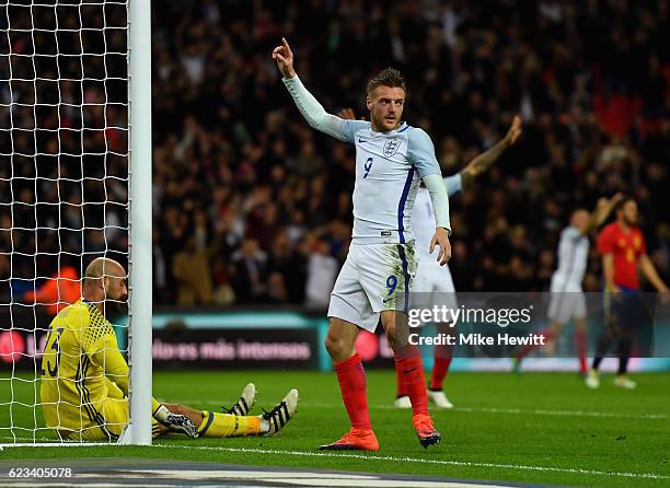 Jamie Vardy of England celebrates as he scores their second goal during the international friendly match between England and Spain at Wembley Stadium...