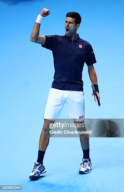 Novak Djokovic of Serbia celebrates a point during his men's singles match against Milos Raonic of Canada on day three of the ATP World Tour Finals...