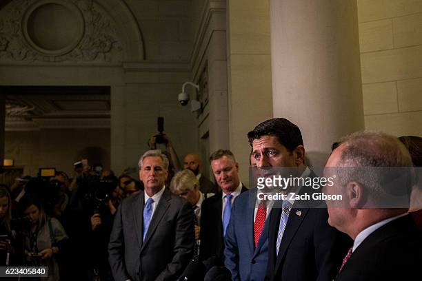 House Speaker Paul Ryan speaks during a press conference after a House Leadership Election on Capitol Hill on November 15, 2016 in Washington, D.C....