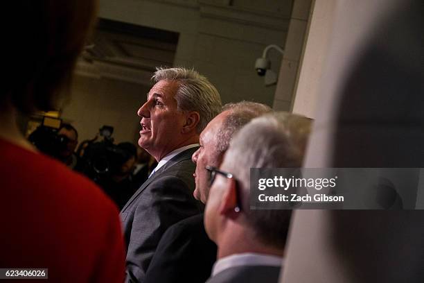 House Majority Leader Kevin McCarthy speaks during a press conference after a House Leadership Election on Capitol Hill on November 15, 2016 in...