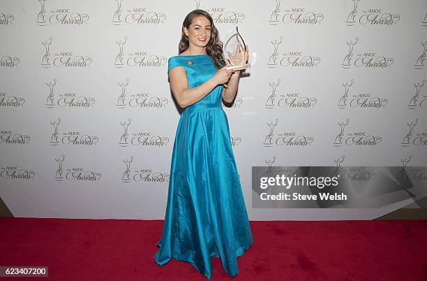 Majlinda Kelmendi of Kosvo poses with the award for the Kosovo Olympic Committee during The ANOC Awards 2016 at the The Qatar National Convention...