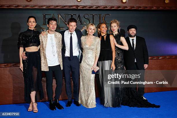 Katherine Waterston, Ezra Miller, Eddie Redmayne, J. K. Rowling, Carmen Ejogo, Alison Sudol and Dan Fogler attend the European premiere of "Fantastic...