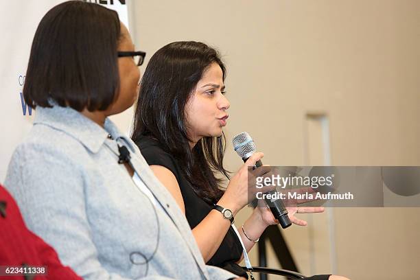 Madhavi Bhasin speaks onstage at the 'Think Differently: Feeling Confident About Taking the Lesser Known Path' event during the'Texas Conference For...