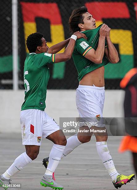 Marcelo Martins of Bolivia celebrates after an own goal scored by Gustavo Gomez of Paraguay during a match between Bolivia and Paraguay as part of...