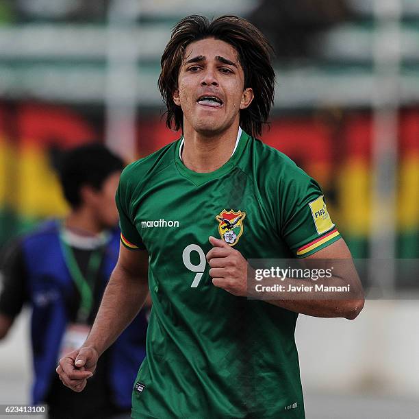 Marcelo Martins of Bolivia celebrates after an own goal scored by Gustavo Gomez of Paraguay during a match between Bolivia and Paraguay as part of...