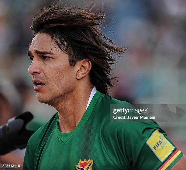 Marcelo Martins of Bolivia celebrates after an own goal scored by Gustavo Gomez of Paraguay during a match between Bolivia and Paraguay as part of...