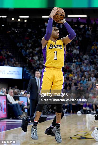 Angelo Russell of the Los Angeles Lakers shoots the ball against the Sacramento Kings during an NBA basketball game at Golden 1 Center on November...