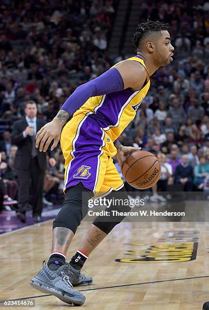 Angelo Russell of the Los Angeles Lakers dribbles the ball against the Sacramento Kings during an NBA basketball game at Golden 1 Center on November...