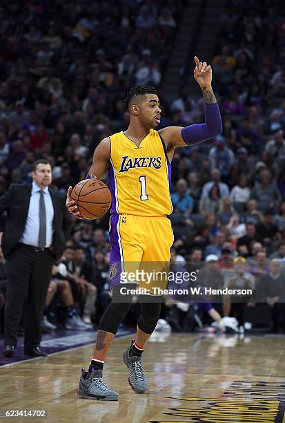 Angelo Russell of the Los Angeles Lakers dribbles the ball against the Sacramento Kings during an NBA basketball game at Golden 1 Center on November...