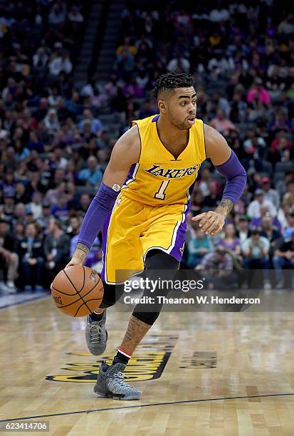 Angelo Russell of the Los Angeles Lakers dribbles the ball against the Sacramento Kings during an NBA basketball game at Golden 1 Center on November...