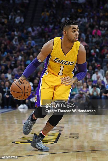 Angelo Russell of the Los Angeles Lakers dribbles the ball against the Sacramento Kings during an NBA basketball game at Golden 1 Center on November...