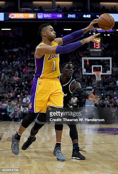 Angelo Russell of the Los Angeles Lakers passes the ball against the Sacramento Kings during an NBA basketball game at Golden 1 Center on November...