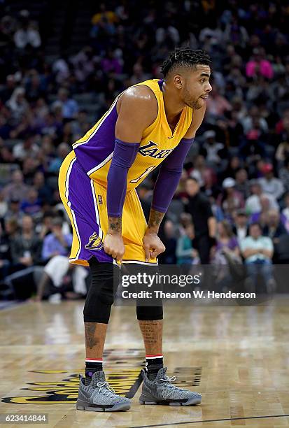 Angelo Russell of the Los Angeles Lakers looks on against the Sacramento Kings during an NBA basketball game at Golden 1 Center on November 10, 2016...
