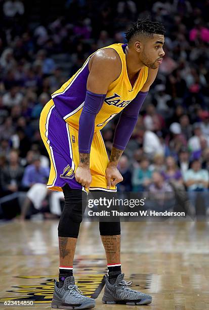 Angelo Russell of the Los Angeles Lakers looks on against the Sacramento Kings during an NBA basketball game at Golden 1 Center on November 10, 2016...