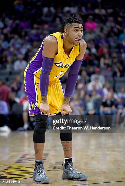 Angelo Russell of the Los Angeles Lakers looks on against the Sacramento Kings during an NBA basketball game at Golden 1 Center on November 10, 2016...