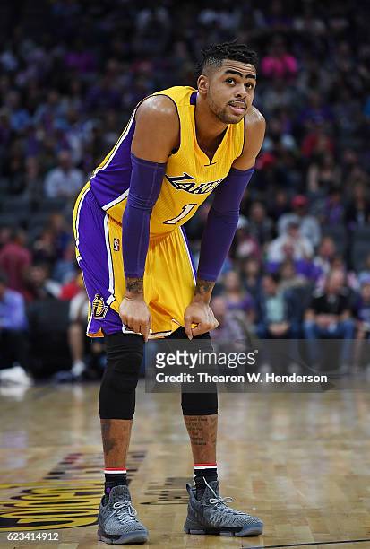 Angelo Russell of the Los Angeles Lakers looks on against the Sacramento Kings during an NBA basketball game at Golden 1 Center on November 10, 2016...